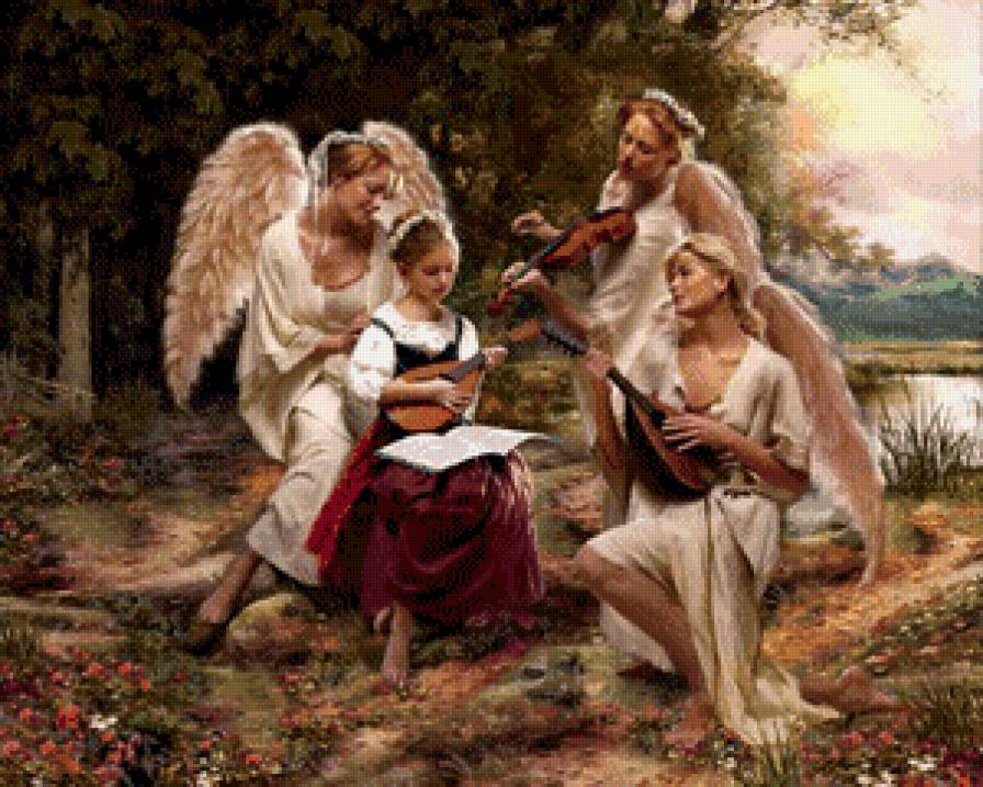 девочка с ангелами - музыка, венок, ангел, скрипка, картина, девушка, девочка, крылья - предпросмотр