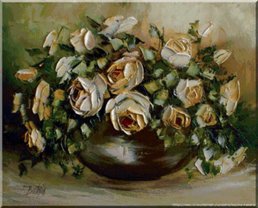 чайные розы - букет, живопись, горшок, ваза, масло, розы, цветы, натюрморт - предпросмотр