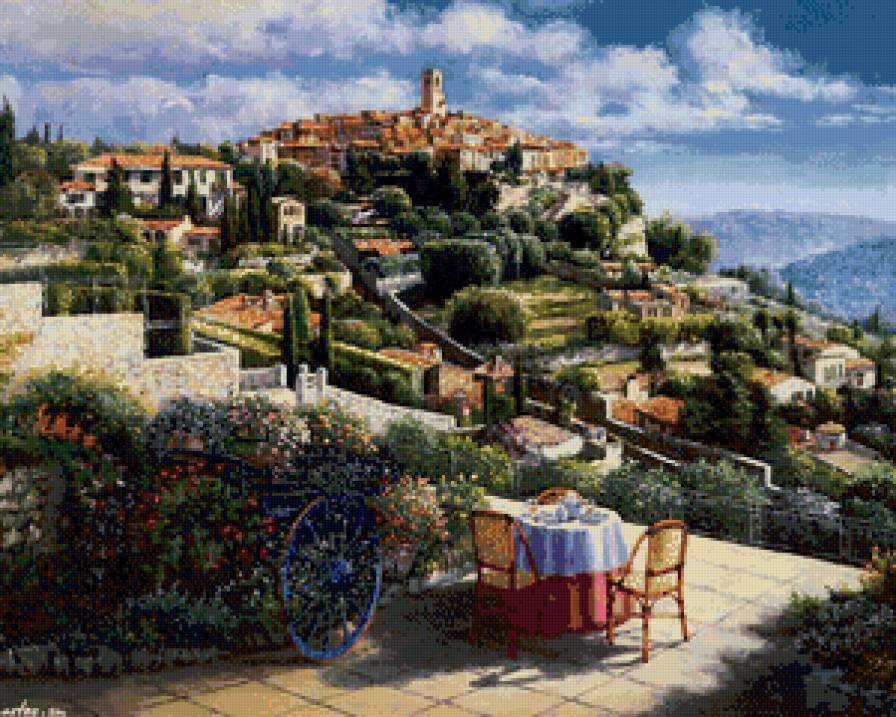терраса на юге - лето, терраса, франция, живопись, юг, пейзаж, город - предпросмотр