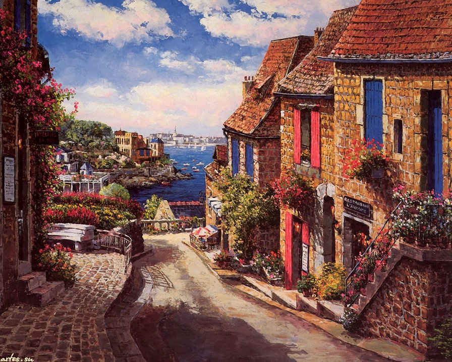 дорога к морю - жара, живопись, горы, природа, город, пейзаж, берег, море, лето - оригинал