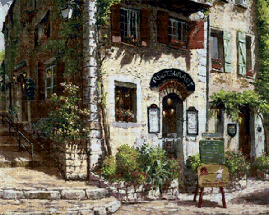 ресторан на юге - пейзаж, цветы, юг, двор, романтика, живопись, ресторан, лето - предпросмотр