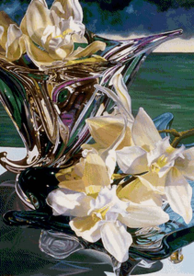 орхидеи в вазе - краски, рисунок, ваза, картина, панно, ветка, орхидеи, цветы - предпросмотр