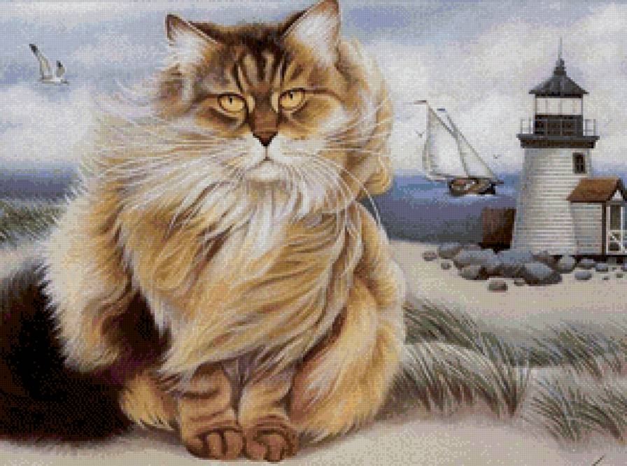 На берегу моря - маяк, кот, парусник, чайки, животные, коты, море - предпросмотр