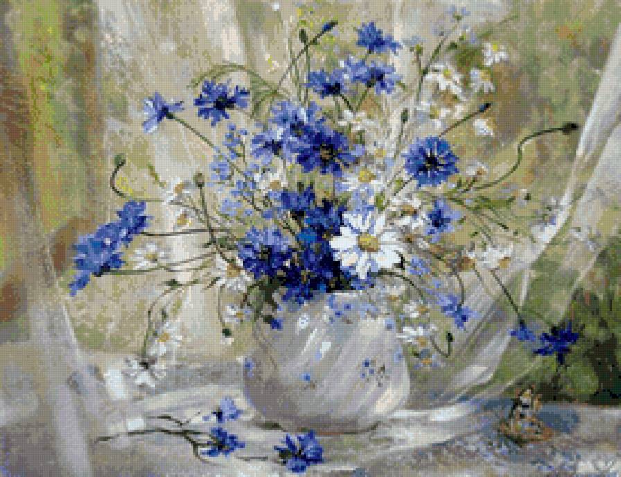 Летний букет и бабочка - бабочка, букет, васильки, ромашки - предпросмотр