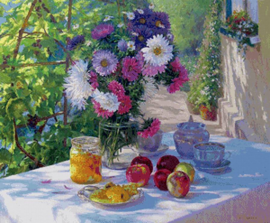 натюрморт с цветами во дворе - яблоки, двор, фрукты, натюрморт, живопись, цветы, кухня, астры - предпросмотр