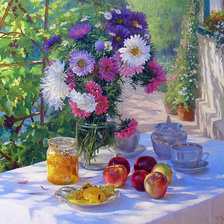 Схема вышивки «натюрморт с цветами во дворе»