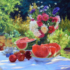 Схема вышивки «натюрморт с арбузом и цветами в саду»