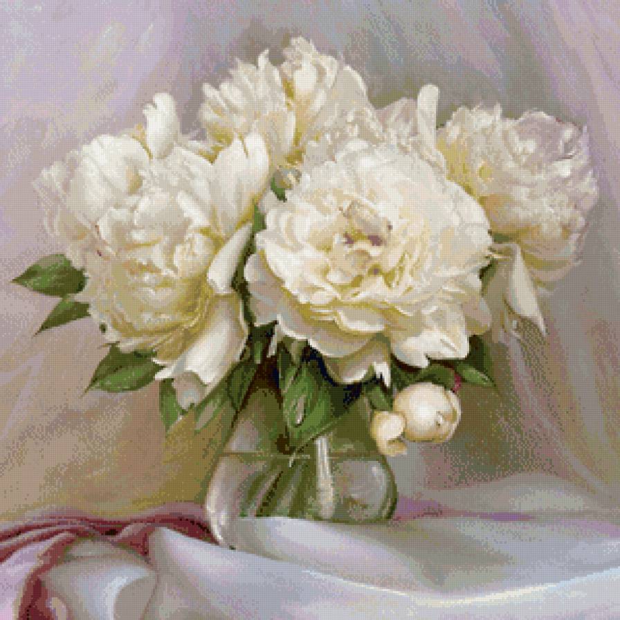 белые пионы в стеклянной вазе - букет, ваза, живопись, натюрморт, цветы, нежность, пионы - предпросмотр