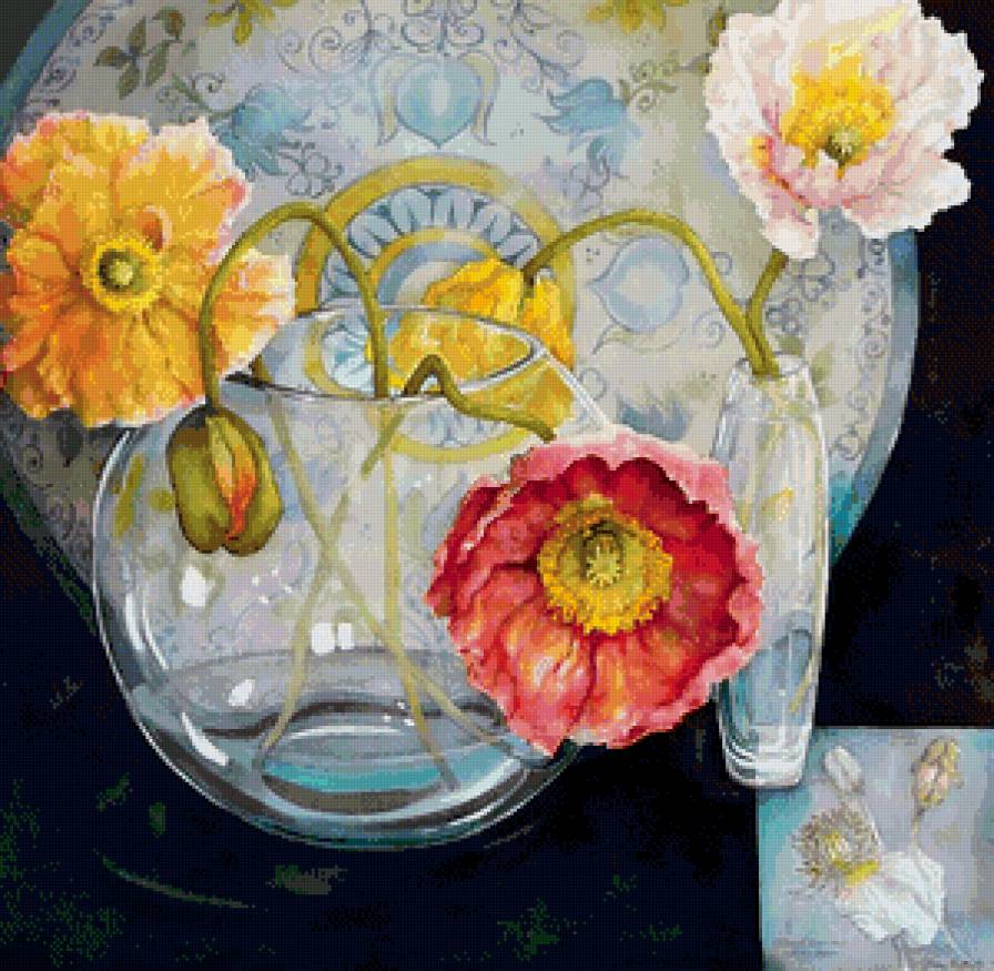 тюльпаны в вазе - акварель, панно, тюльпаны, ваза, цветы, весна, букет - предпросмотр