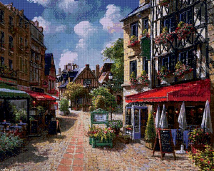 южный городок - пейзаж, лето, кафе, двор, город, цветы, юг, живопись, небо - предпросмотр