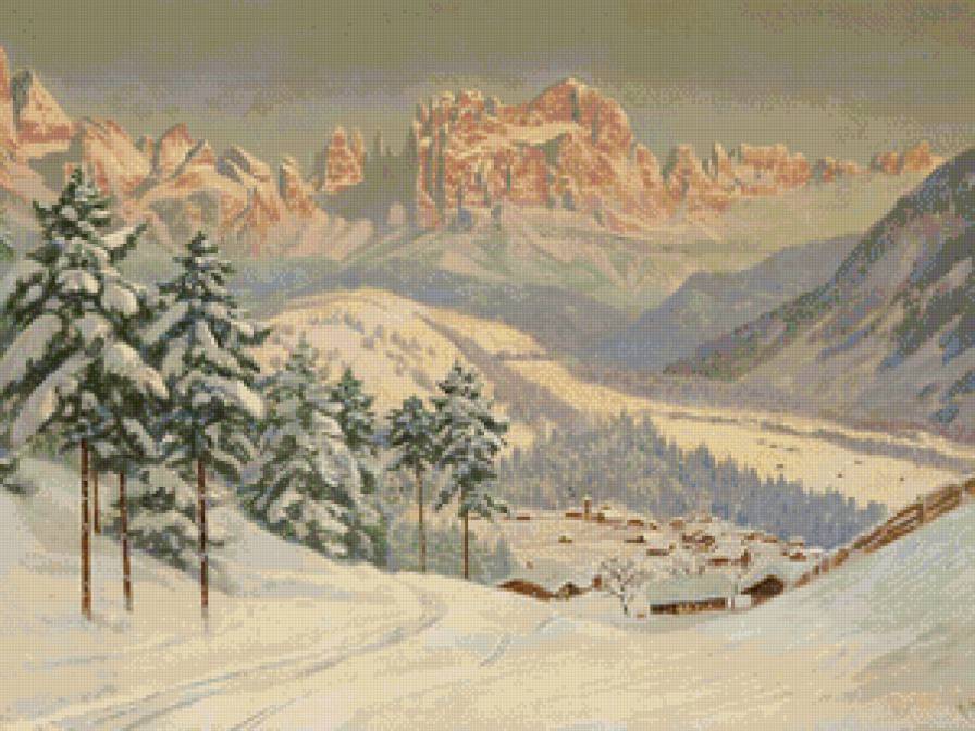 деревня в горах - пейзаж, горы, снег, природа, вечер, альпы, зима, закат, живопись - предпросмотр