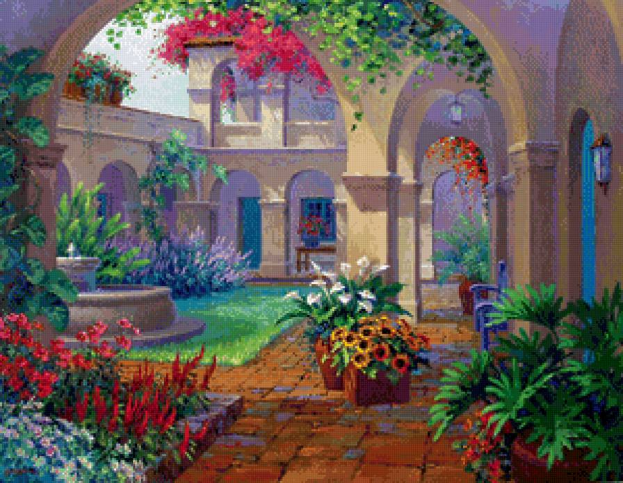 дворик в цветах - дворик, жара, цветы, море, домик, уют, юг, лето - предпросмотр