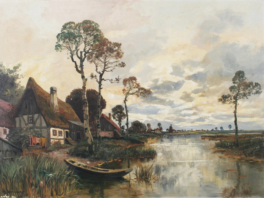 деревенский пейзаж - живопись, дом, природа, деревня, лодка, лето, пейзаж, река, село - оригинал