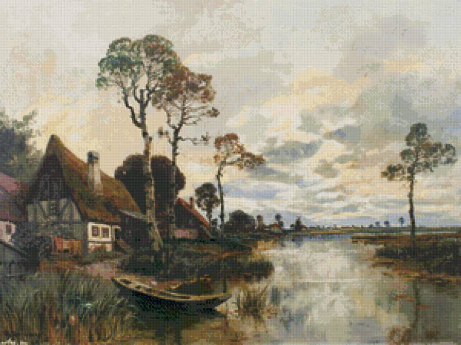 деревенский пейзаж - река, лодка, дом, живопись, село, природа, лето, деревня, пейзаж - предпросмотр