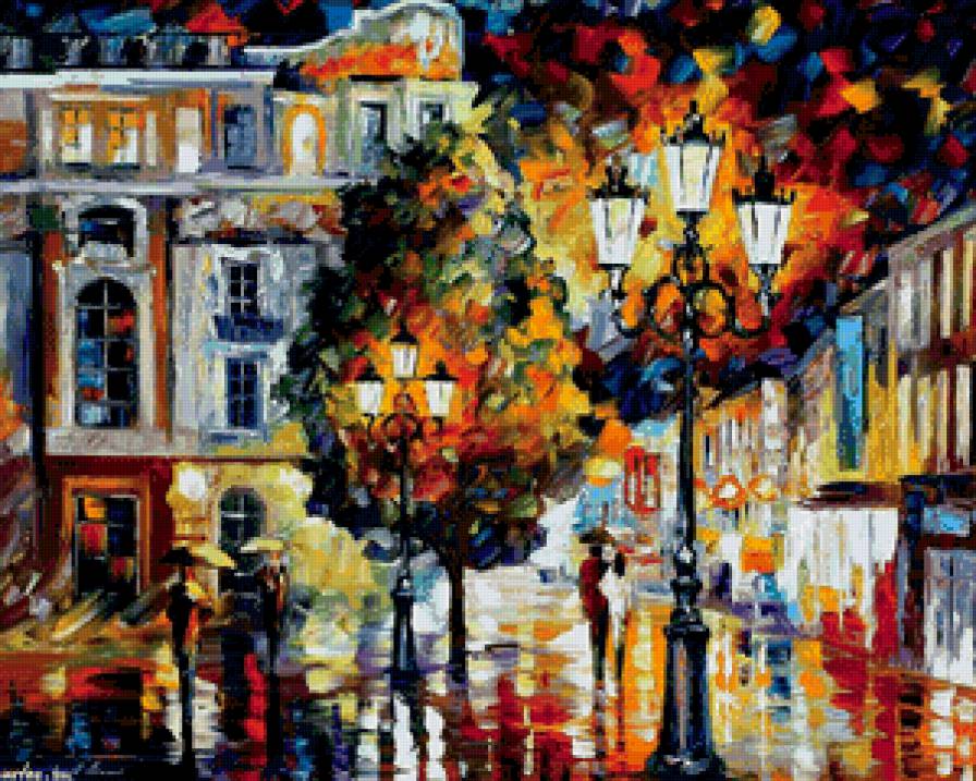 дождь в вечернем городе - лестница, вечер, фонари, пейзаж, сумерки, город, дождь - предпросмотр