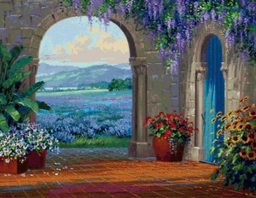 цветочный дворик - уют, море, дворик, юг, домик, жара, лето, цветы - предпросмотр