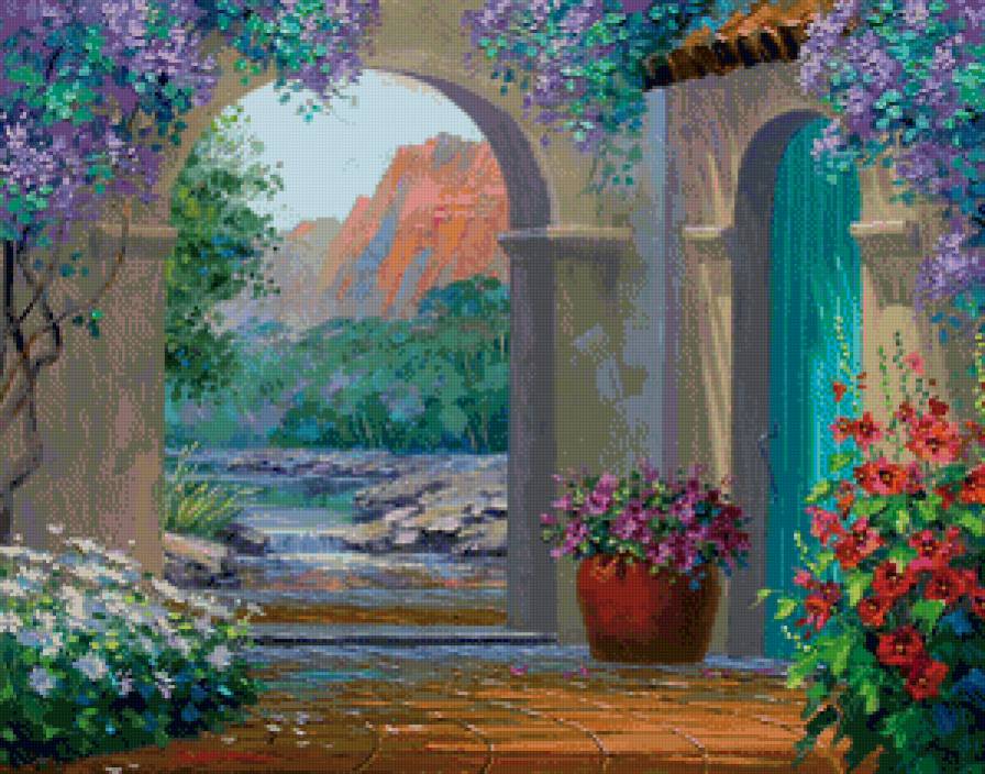 цветочный дворик - жара, уют, цветы, дворик, море, горы, лето, домик, юг - предпросмотр