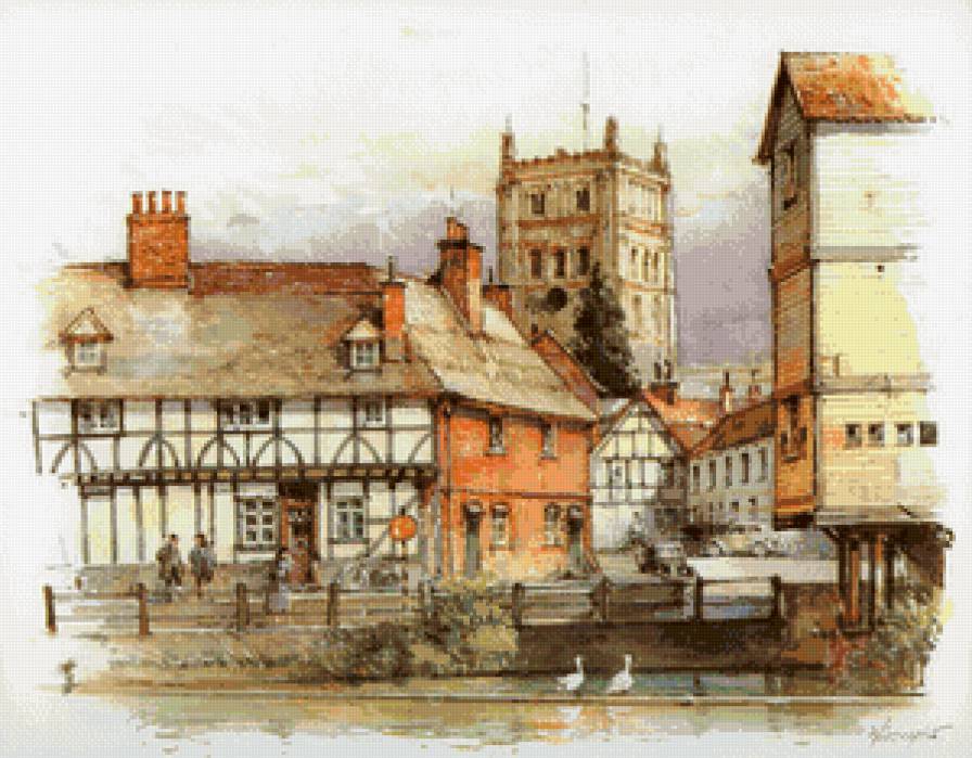 чешский городок - пейзаж, город, дома, графика, чехия - предпросмотр