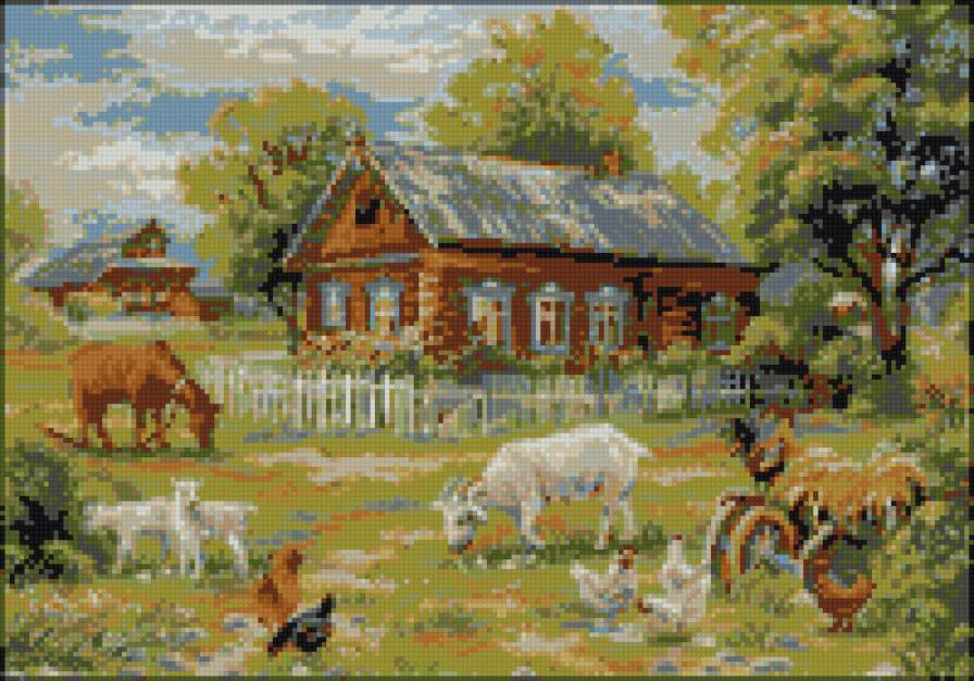 Деревенский полдень - дом, корова, деревня - предпросмотр