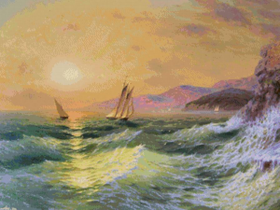 парусники в море - парусник, закат, небо, чайки, волны, горы, паруса, океан, море - предпросмотр