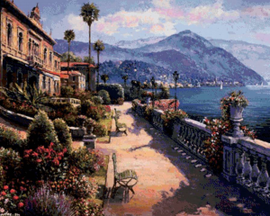 набережная - цветы, набережная, город, живопись, лето, горы, пейзаж, лавочки - предпросмотр