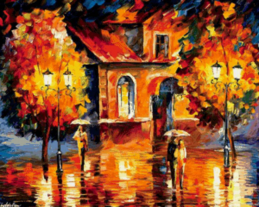 дождь в вечернем городе - вечер, дождь, пейзаж, сумерки, фонари, город, зонтики, лестница - предпросмотр