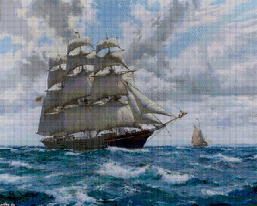 парусник - парусник, паруса, чайки, океан, небо, волны, море - предпросмотр