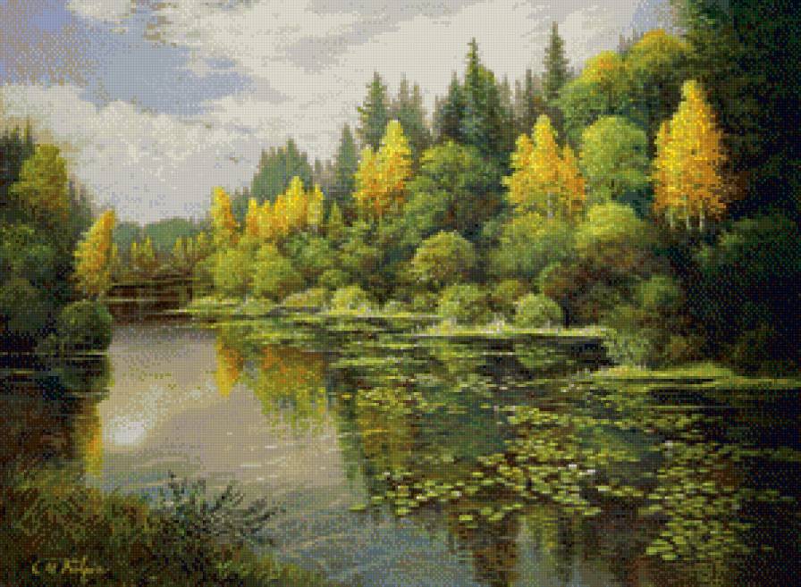 Пруд - озеро, лес, вечер, пруд, осень, лотос - предпросмотр