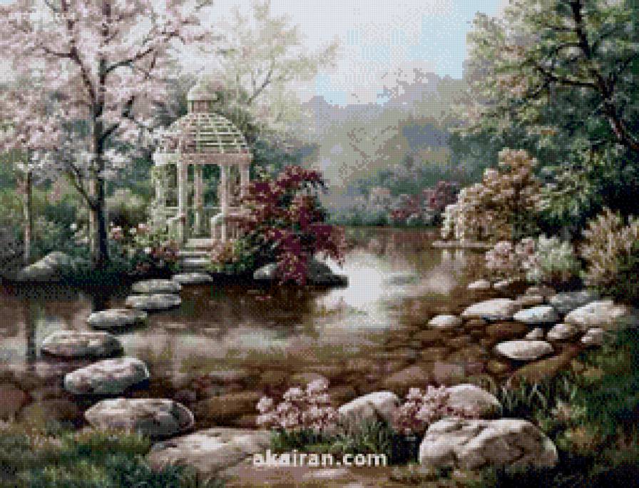 Беседка - беседка, пейзаж, сакура - предпросмотр