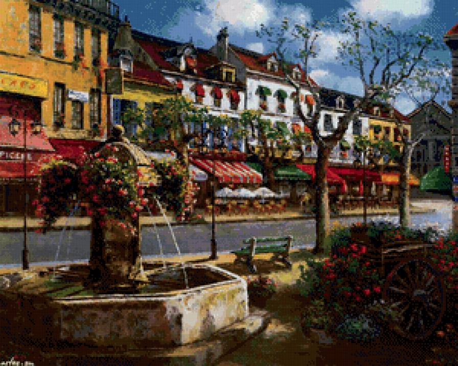 фонтан в городе - улочка, фонтан, франция, лето, городок, кафе, горы, юг, море - предпросмотр