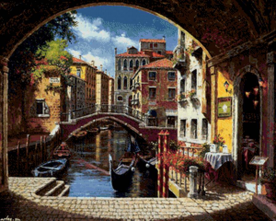 венеция - венеция, город, италия, пейзаж, живопись, мост, гондола - предпросмотр