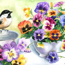 Схема вышивки «воробей и анютины глазки»