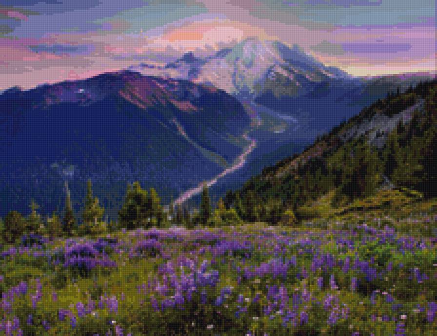 Горный пейзаж - цветы, горы, пейзаж, луг - предпросмотр