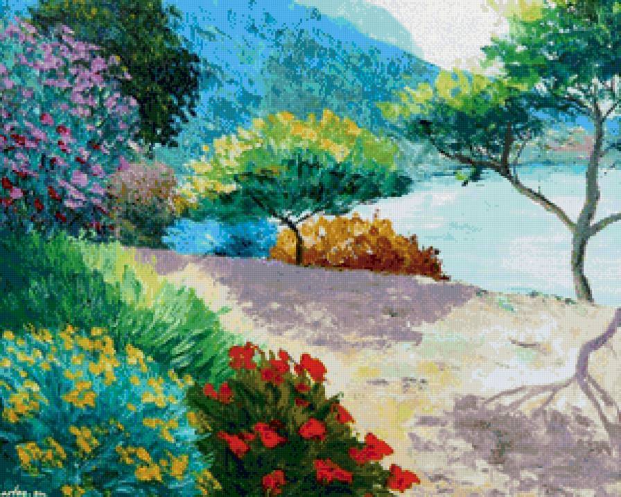 лето на юге - цветы, юг, лето, тень, жара, живопись, море, деревья, горы - предпросмотр