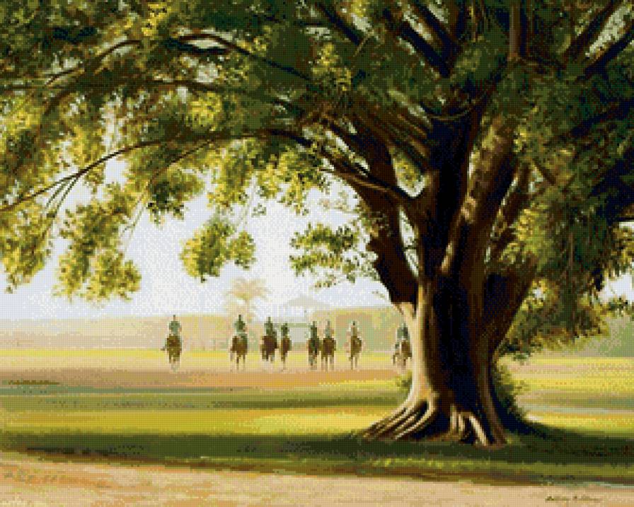 всадники - всадники, лошади, пейзаж, природа, дерево, живопись - предпросмотр