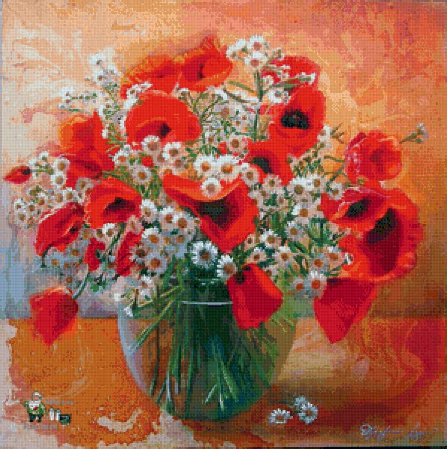 маки и ромашки в вазе - натюрморт, букет, живопись, маки, ромашки, ваза, цветы - предпросмотр