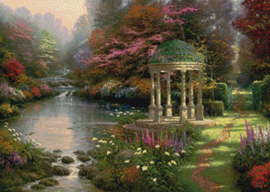 Беседка в парке - цветы., парк, ручей, каскад - предпросмотр