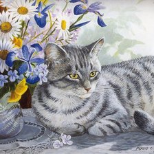 Схема вышивки «котик с ромашками»