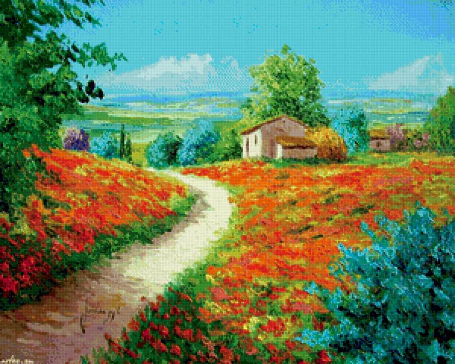 цветущие поля - живопись, поле, цветы, подсолнухи, дом, лето, пейзаж - предпросмотр