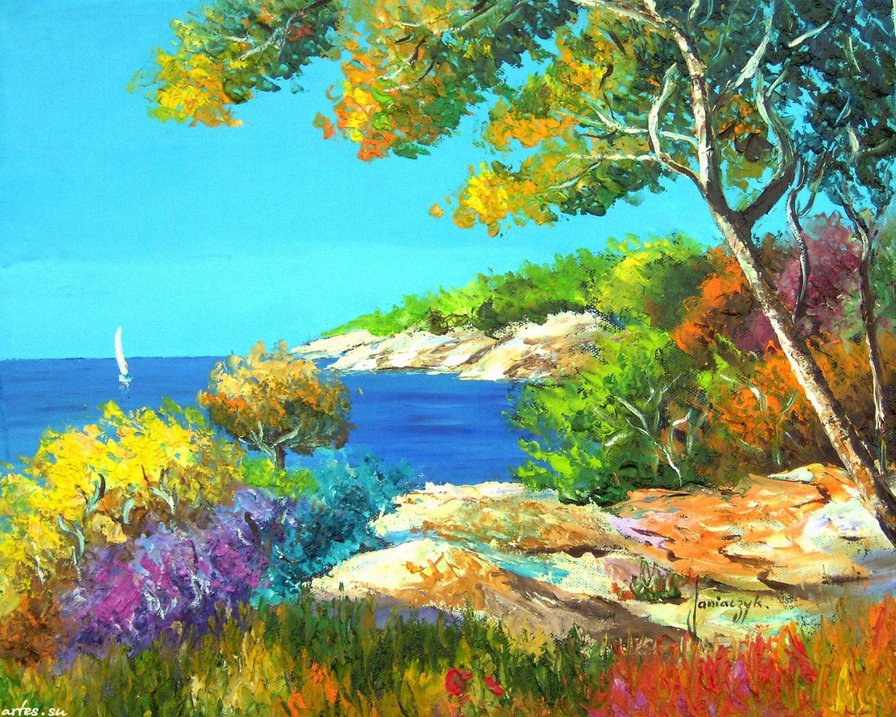 морской пейзаж - жара, море, природа, живопись, горы, лето, парус, пейзаж, берег - оригинал