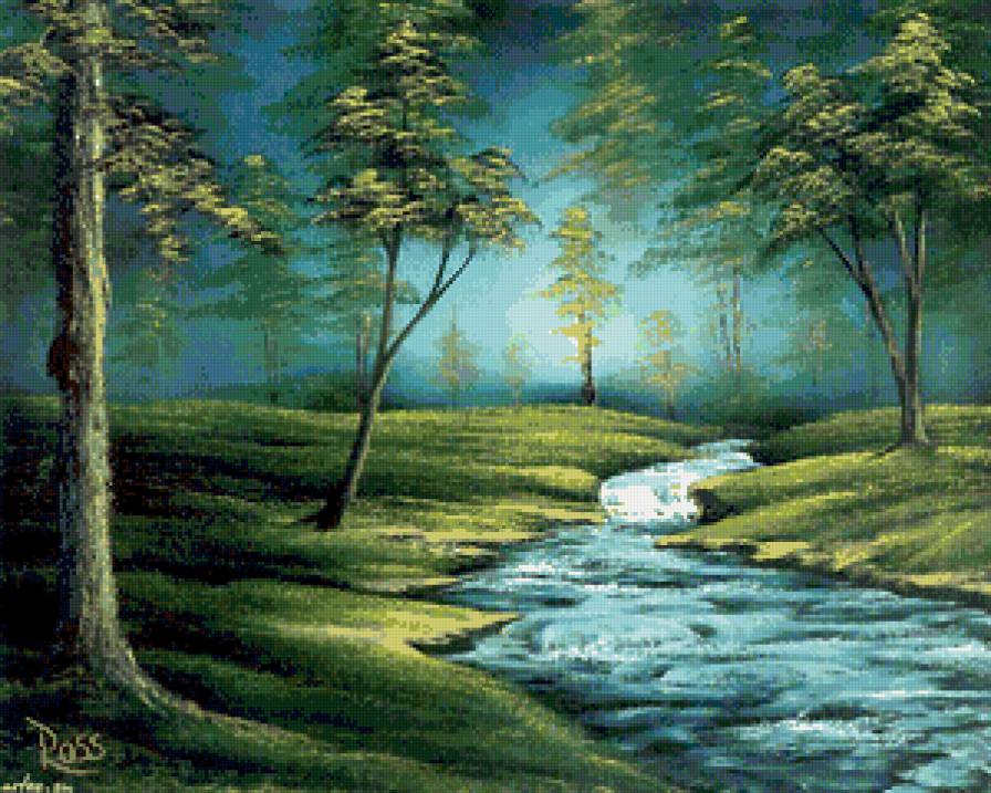 весенний лес с ручьём - ручей, лес, пейзаж, природа, живопись, деревья, весна - предпросмотр