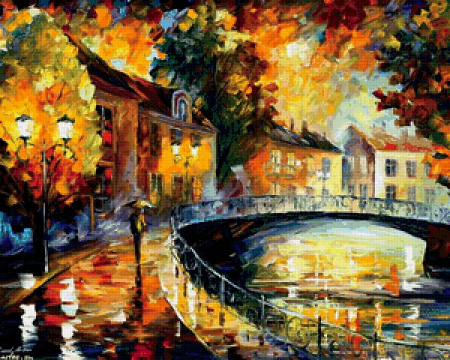 дождливый вечер в городе - дождь, лестница, город, мост, пейзаж, вечер, сумерки, фонари - предпросмотр