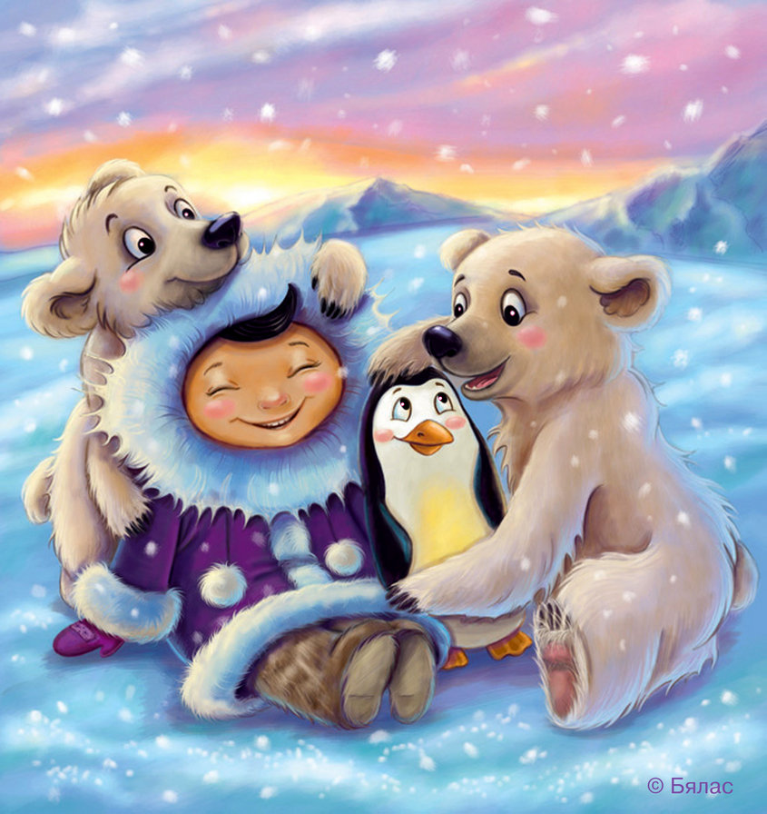 на северном полюсе - лед, пингвин, снег, чукча, медведь, детское, север, полюс - оригинал