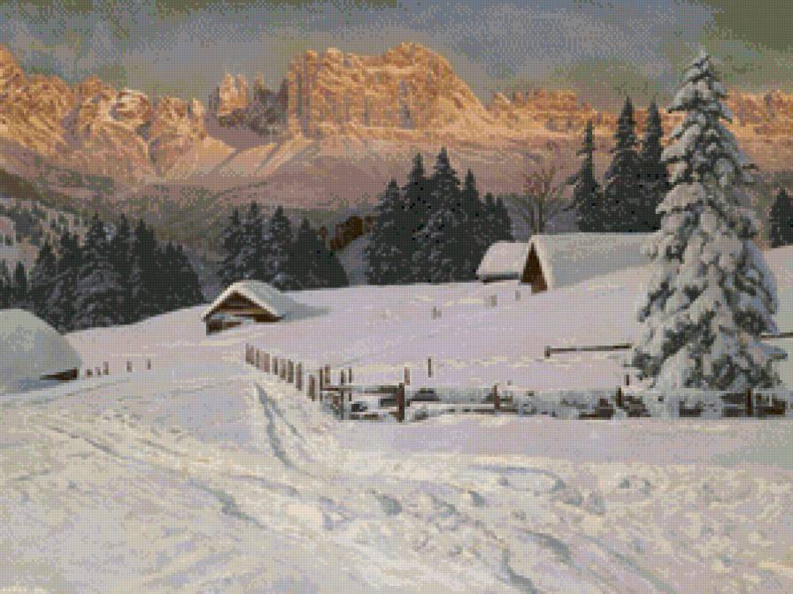 закат в зимних горах - живопись, домик, вечер, зима, снег, пейзаж, горы, закат, природа - предпросмотр