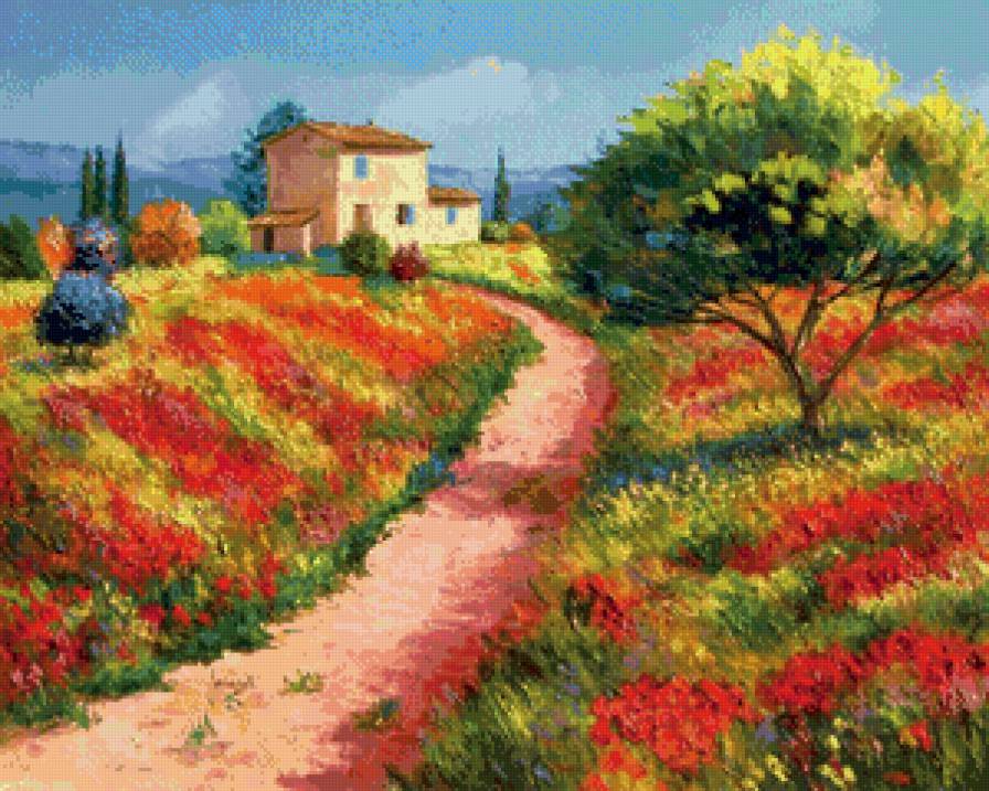 цветочные поля - краски, поле. прованс, цветы, маки, живопись, пейзаж - предпросмотр