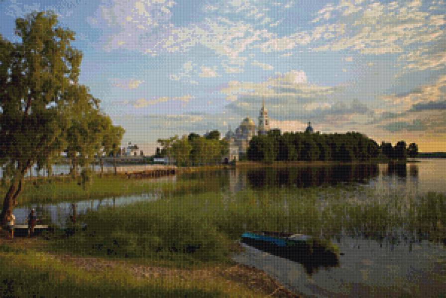Летний пейзаж на озере - природа, храм, озеро, пейзаж - предпросмотр