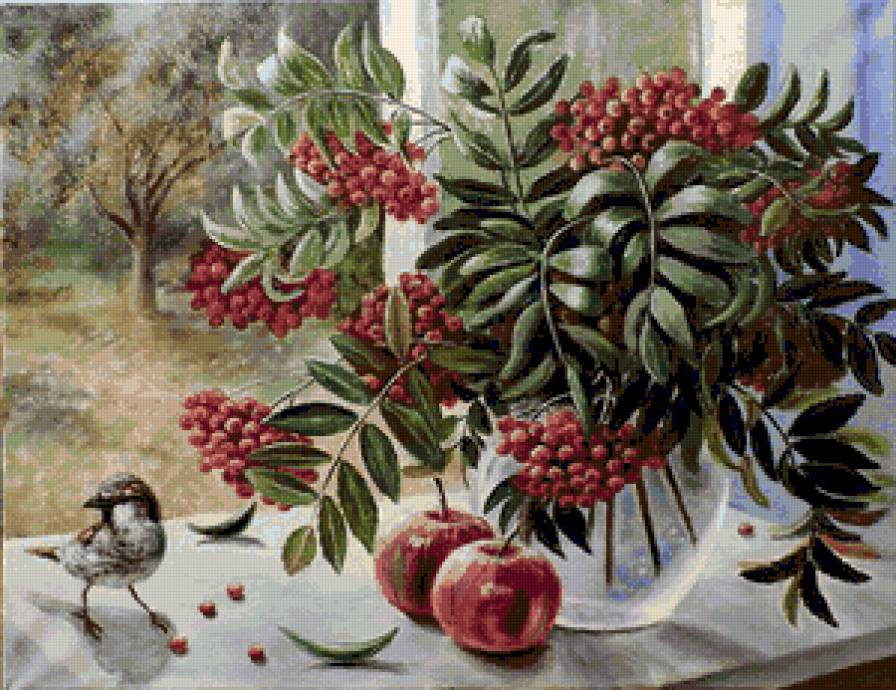 Воробьева Ольга.  Горит опять рябины медь... - букет, натюрморт, птицы, живопись, рябина, картина - предпросмотр