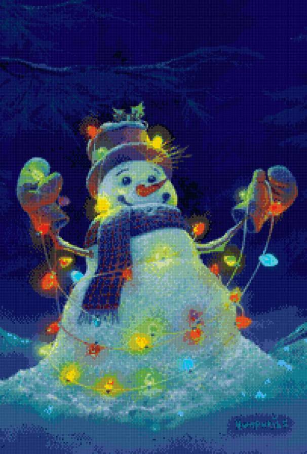 снеговичок - , новый год, снег, зима, снеговик, ночь, гирлянда, акварель - предпросмотр