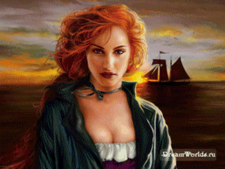 девушка у моря - девушка, море, корабль, закат - предпросмотр