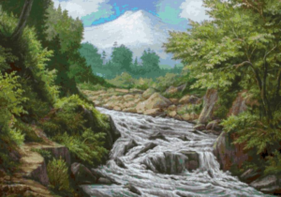 Сизоненко Юрий. Вид на Эльбрус - ручей, горы, картина, пейзаж, природа, река - предпросмотр